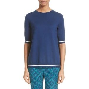 St. John Sarita Tile Print Jersey Wool Knit Sweater in Azurite Blue Multi